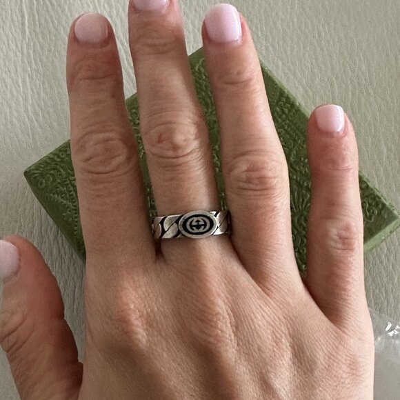 NEW GUCCI INTERLOCKING RING SILVER GG LOGO Black Chain Sz 19 IT 8.75 US Enamel - Picture 6 of 9